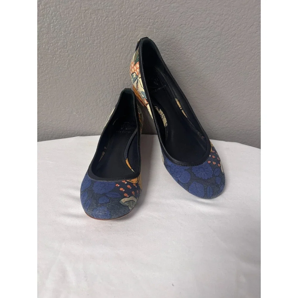 Tory Burch Womens 9 Sally Wedge Pump Multi Floral Canvas Low Heel Logo Brazil